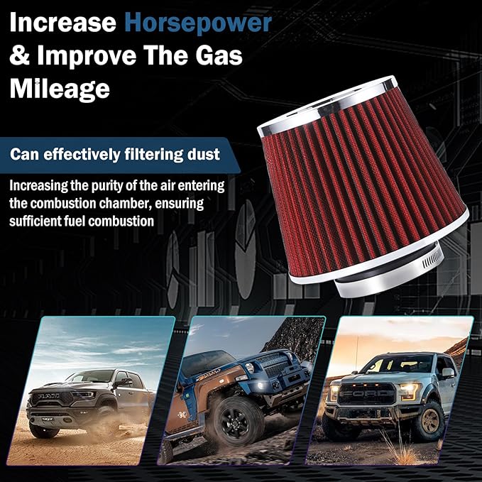 Cold Air Intake Filter,Universal Clamp-On Air Intake Filter, High Performance, Washable Filter, Replacement Air Filter, Flange Diameter 3inch/76mm (Red)