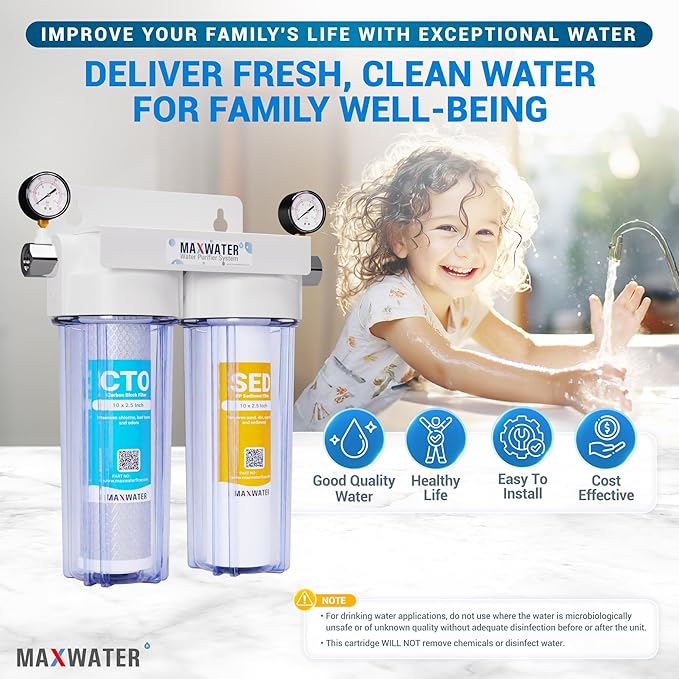 Max Water 2 Stage (Sediment, Odor & Improving Taste) Whole House 10 inch, Standard Water Filtration System with Pressure Gauge - Clear Housing - Sediment + CTO - ¾ Inlet/Outlet