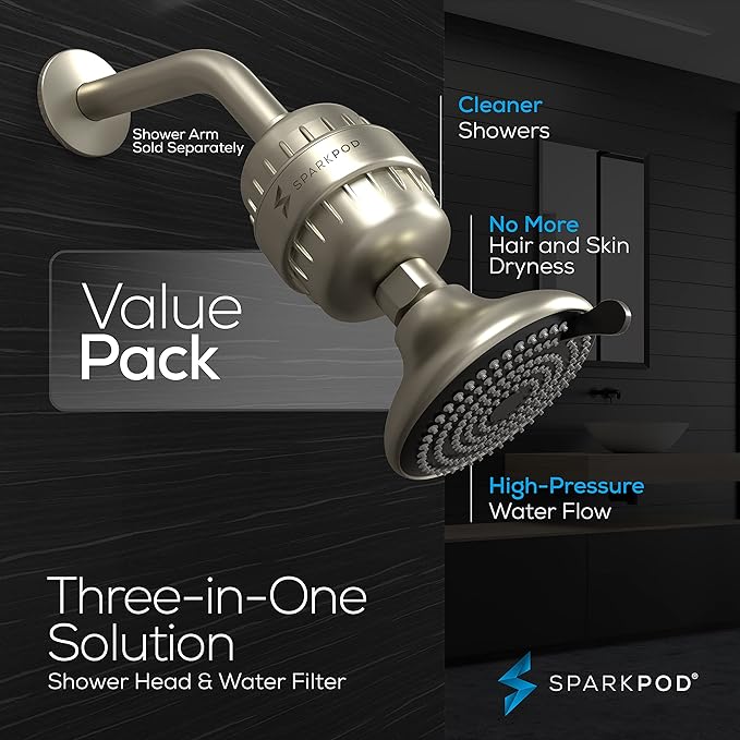 SparkPod 23-Stage Filtered Shower Head with 3 Spray Settings - High Pressure Shower Head with Filters for Dry Hair and Skin - Showerhead with Filter Reduces Chlorine & Heavy Metals (Brushed Nickel)