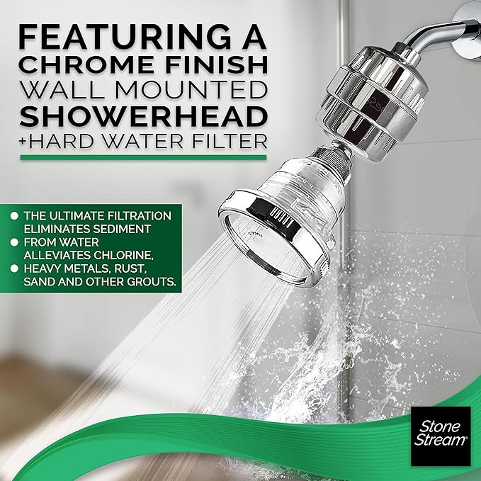 Original StoneStream Filtered Showerhead + 15 Stage Hard Water Shower Filter (HWF) Combo, Removes Chlorine and Other Substances from Hard Water