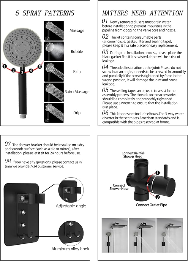 Shower Head with Handheld Combo 10" Chrome High Pressure Rain Shower Head 11" Adjustable Extension Arm and 5 Settings Adjustable SUS 304 Handheld Showers with 59" Hose, 2-in-1 Shower Holder