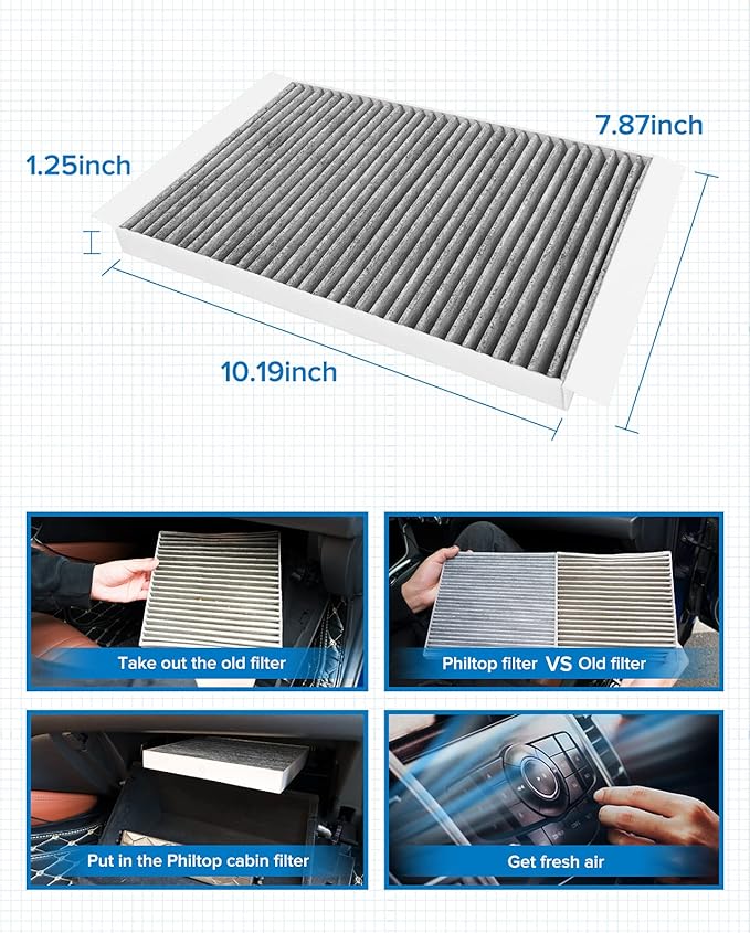 PHILTOP Cabin Air Filter, Replacement for Mustang 2015-2021, Premium ACF063(CF12152) Cabin Filter with Activated Carbon Clean Airflow, Filter Up Dust Pollen