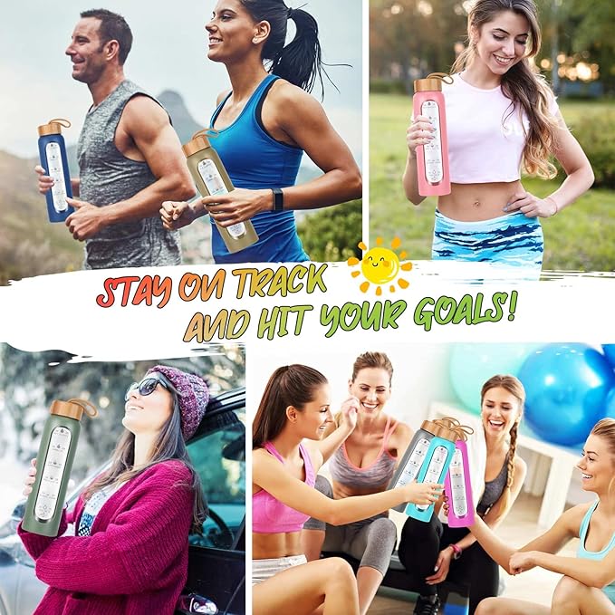 Aqulea Glass Water Bottles 32 Oz with Silicone Sleeve - BPA Free Reusable Wide Mouth Glass Motivational Water Bottles with Fruit Infuser – Leak Proof Borosilicate Water Bottle with Time Marker (Dark)