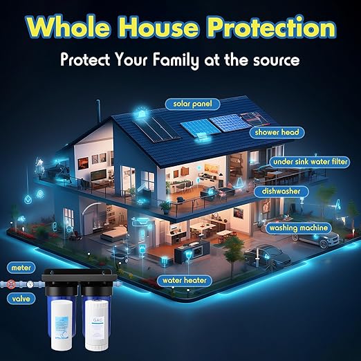 VIHOSE 2-Stage Whole House Water Filter System with 10" x 4.5" Carbon Filter and Sediment Filter, 5-Stage Filtration, 1" Inlet/Outlet, High Lead, Chlorine, Odor and RV Well Water Softener