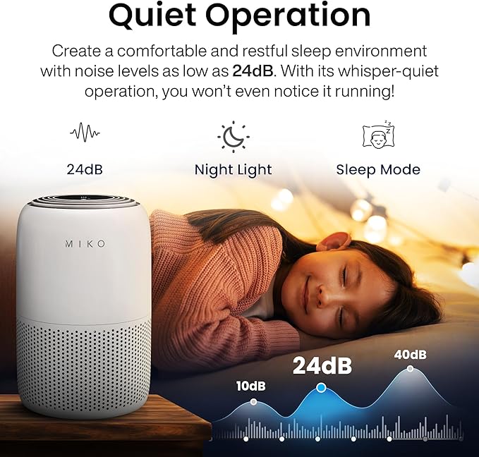 MIKO Air Purifier for Bedroom with 3-in-1 HEPA Filter & Sleep Mode, Whisper Quiet, Covers Up to 1200 ft, Smart Wi-Fi App Control - Removes Smoke, Allergens, Pets Hair, Dust, Odors, Pollutants