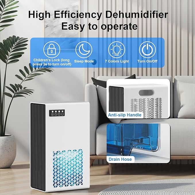 Dehumidifiers for Home, 99oz Water Tank Dehumidifier for Bedroom Basement Bathroom RV with Auto Shut Off, Drain Hose, Sleep Mode, (White)