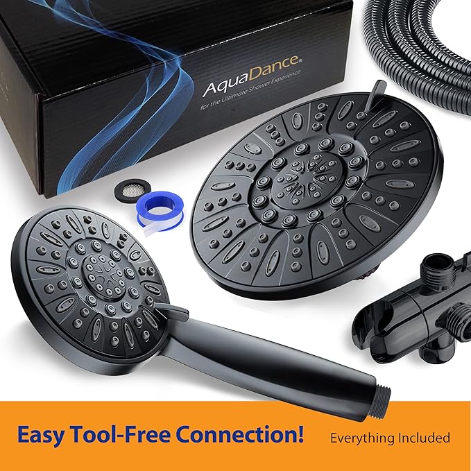 AquaDance 7" Premium High Pressure 3-Way Rainfall Combo for The Best of Both Worlds - Enjoy Luxurious Rain Showerhead and 6-Setting Hand Held Shower Separately or Together - Matte Black Finish