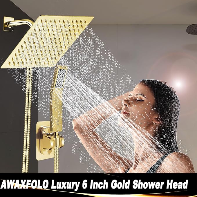 High Pressure Square Rain Gold Shower Head and Handle Shower Set.Equipped with 78" Stainless Steel Shower Hose, 3 Way Diverter Valve, Adhesive Shower Head Holder (Rainfall Shower Head Set AWAXFOLO)