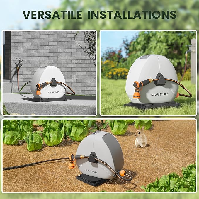 Giraffe Tools Ground Mounted Retractable Hose Reel 5/8 Inch x 92FT, Heavy Duty Automatic Rewind Garden Hose Reel, with Flexible Swivel Base for Lawn, Concrete Floor