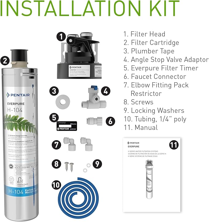 Pentair Everpure H-104 Drinking Water System, EV926271, Includes Filter Head, Filter Cartridge, All Hardware and Connectors, 1,000 Gallon Capacity, 0.5 Micron