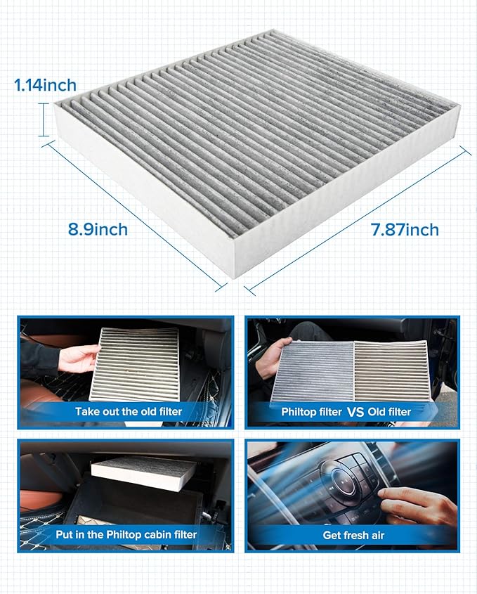 PHILTOP Cabin Air Filter, Replacement for CF10743, Town & Country 2008-2016, Grand Caravan 2008-2020, Armada 2017-2021, Premium ACF007 Cabin Filter with Activated Carbon Filter Up Dust Pollen Odor