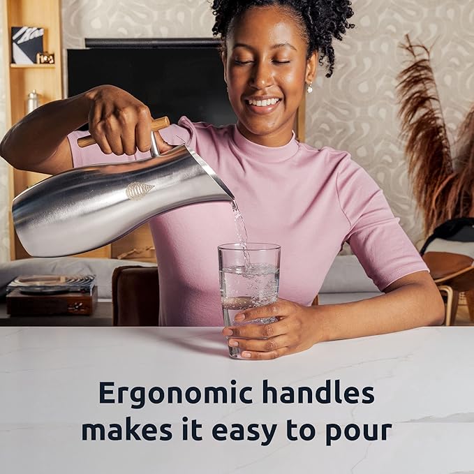 Invigorated Living Stainless Steel Water Pitcher with Lid, Ice Guard, Wooden Handle, Ideal for Cold and Fruit Infused Water (1.9L, No Filter)