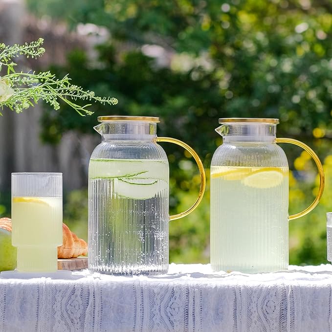 2 PACK Glass Pitcher with Lid and Handle,68 oz/ 2 Liter Vertical Stripes Water Pitcher,Glass Water Carafe for Fridge,Hand Blown Heat Resistant Borosilicate Water Jug for Hot/Cold Drinks,Gifts