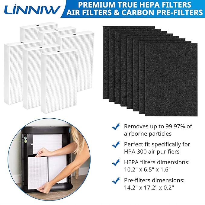 HPA300 HEPA Filter Replacement for Honeywell HPA300, HPA200, HPA100, HPA090 Series Air Purifiers, Replace #HRF-R3, #HRF-R2, #HRF-R1 (6 Ture HEPA Filter R + 8 Activated Carbon Pre-Filter)
