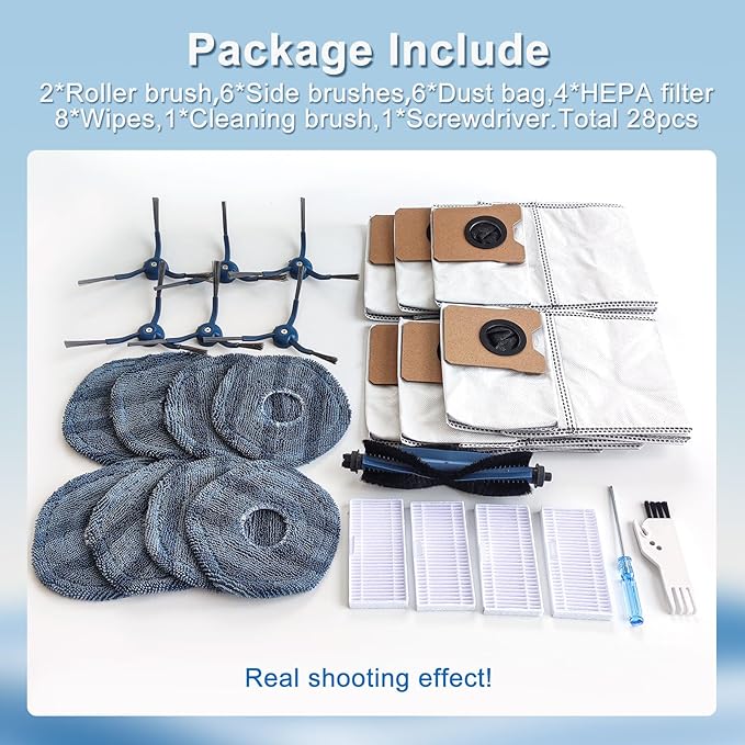 Yivy 28PCS Replacement Parts for Eufy Omni C20 Vacuum Cleaner Accessory Kit: 2 Main Brushes, 6 Side Brushes, 4 HEPA Filters, 6 Dust Bags, 8 Wipes