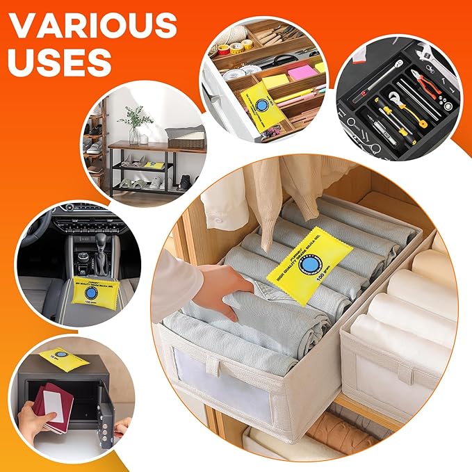 100g (24 Packs) Rechargeable Desiccant Packs for Storage, Color Indicating Silica Gel Desiccant Packets, Moisture absorbers for storage,Dehumidifier bag for Closets,Cars,Storage Bins