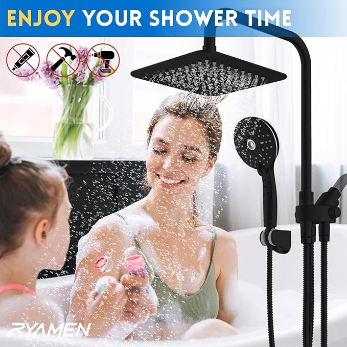 8" Dual Shower Head Combo, High Pressure Rainfall Shower Head with Handheld, 6 Spray Settings Angle Adjustable Handheld Shower Head with Pause, Height Adjustable, Matte Black