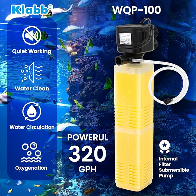 Klabb Aquarium Filter 40-100 Gal Tanks Submersible Internal Fish Tank Filters Large Tank Pond Clear for 320 GPH 4 in 1 Biochemical Filtration 1.2 m Lift Wavemaker and Air Supply 110V 60Hz