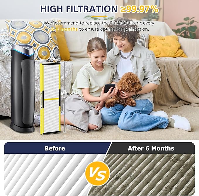 2 Pack FLT5000 HEPA Replacement Filt-er C with 6 Pack Activated Carbon for G-Guardian AC5250PT AC5000 AC5000E AC5300B AC5350B AC5350BCA AC5350W CDAP5500