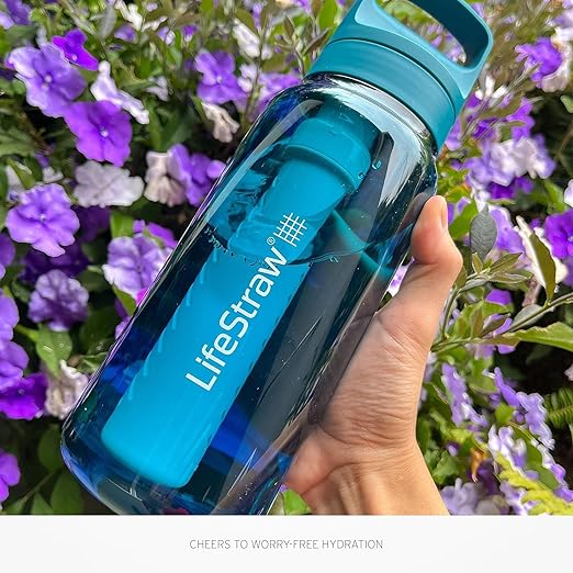 LifeStraw Go Series, BPA-Free Water Bottle for Travel and Everyday Use Removes Bacteria, Parasites, Microplastics, Improves Taste, 22oz 2-Pack; Icelandic Blue and Aegean Sea