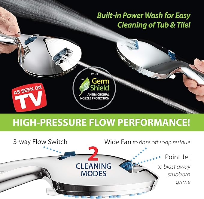 Hotel Spa AquaCare As-Seen-On-TV High Pressure 50-mode Rain & Handheld 3-way Shower Head Combo - Anti-clog Nozzles/Tub, Tile & Pet Power Wash/Extra Long 6 ft. Stainless Steel Hose/All Chrome Finish