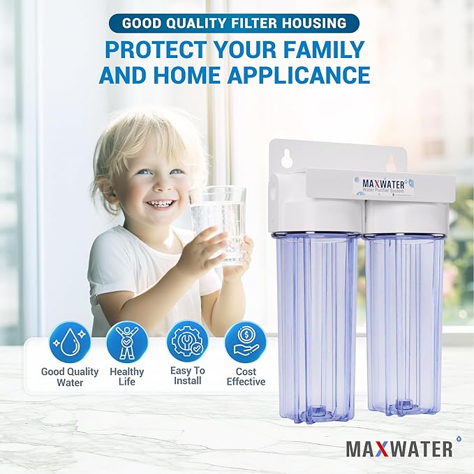 Max Water 10" 2 Stage Whole House Standard Home Water Filter System 3/4" Inlet Clear Filter Housing Variation, Supports 10" x 2.5" Water Filters (Clear, NO Filters)