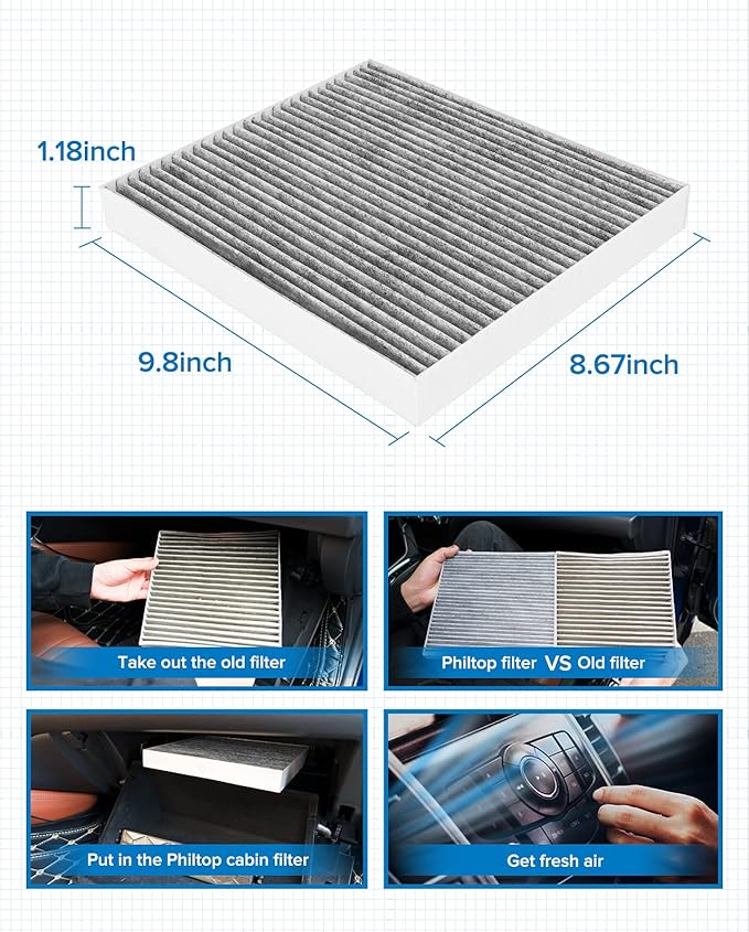 PHILTOP Cabin Air Filter, Replacement for Sonata 2006-2010, Santa Fe 2007-2009, Optima 2006-2010, Azera 2006-2008, Premium ACF059(CF10381) Cabin Filter with Activated Carbon, Filter Up Dust Pollen