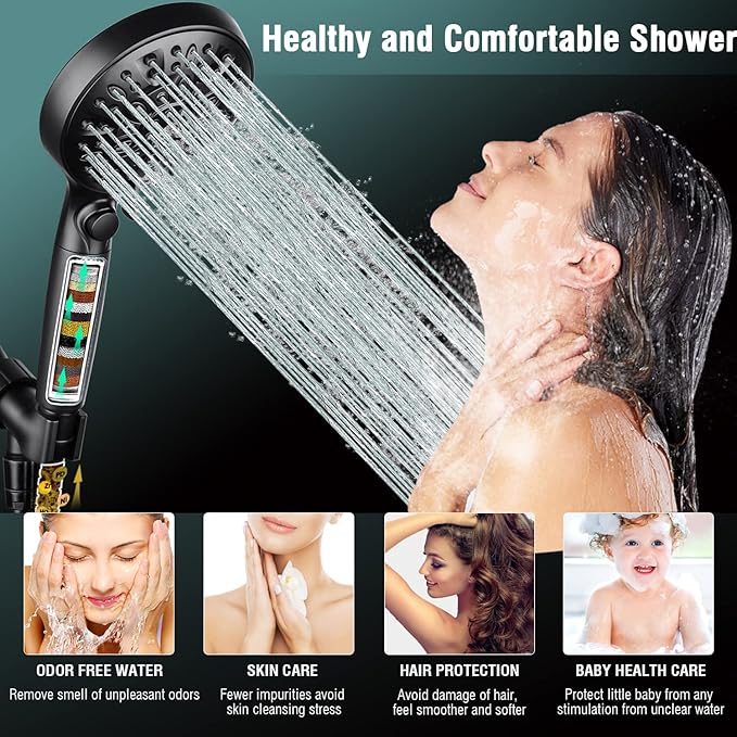 Handheld Shower Head with Filter: 9 Spray Settings High Pressure Shower Head with ON/OFF Pause Switch, 15 Stage Water Softener Filter for Hard Water Remove Chlorine and Harmful Substances
