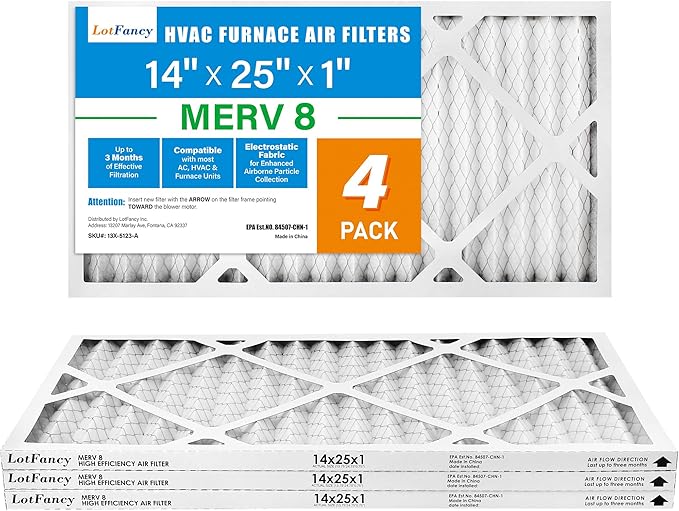 LotFancy 14x25x1 Air Filter MERV 8 Dust Defense (4-Pack) Pleated HVAC Furnace Air Filters, Replacement for Home AC & Heating Systems, Actual Size: 13.75" x 24.75" x 0.75"