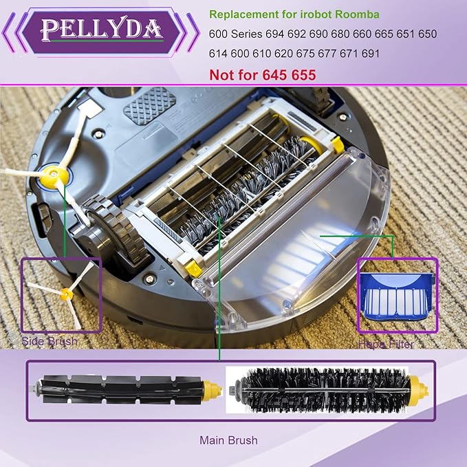 Replacement Parts for IRobot Roomba 600 &500 Series 694 692 690 680 660 665 651 650 614 595 585 564 Vacuum,Accessories Kit 3 Filter,3 Side Brush,1 Pairs Bristle and Flexible Beater Brush