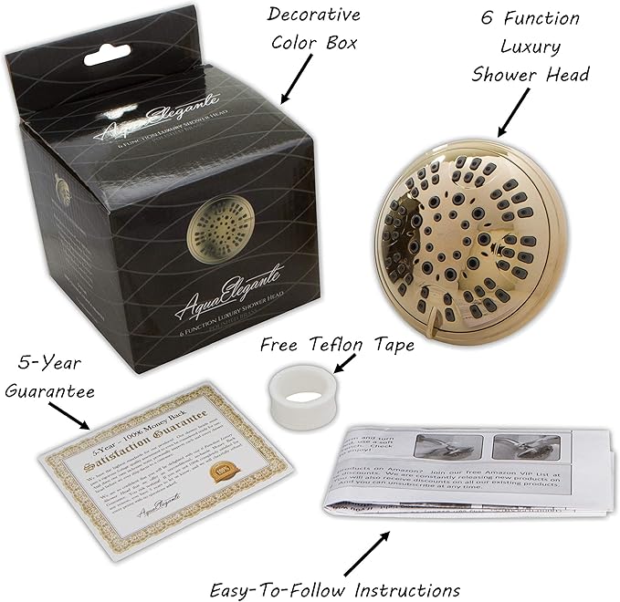 6 Function Adjustable Luxury Shower Head - High Pressure Boosting, Wall Mount, Bathroom Showerhead For Low Flow Showers, 2.5 GPM - Polished Brass