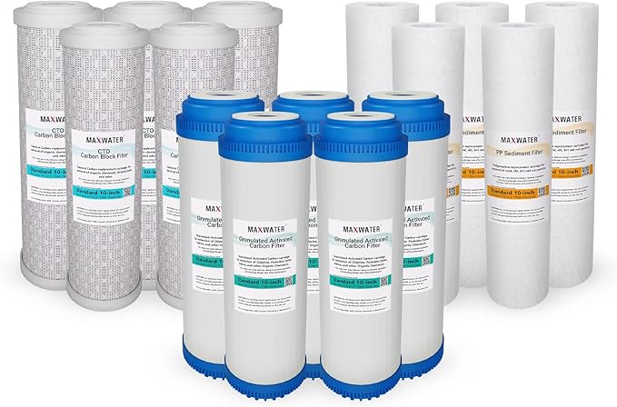 Max Water 5 Micron Replacement 10 x 2.5 inch Filter Cartridge Set For Standard RO | Reverse Osmosis Water Filter Systems - PP Sediment, GAC & CTO | Compatible with AP110, WHKF-GD05, WHKF-WHWC, GAC-10