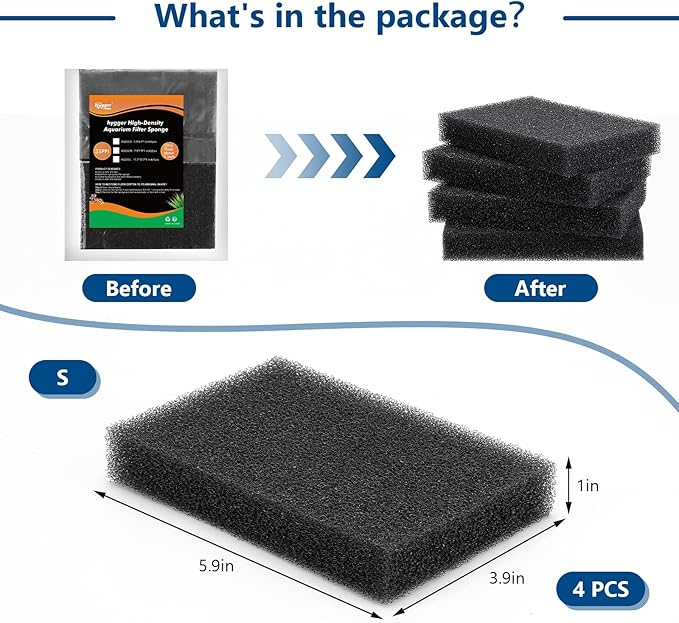 hygger Aquarium Sponge Filter Pad, Filter Media Foam Sponges, Cut-to-Size Open Cell Foam Sheet for Fish Tanks and Ponds, S (4 Pack 5.9 * 3.9 * 1 inch)