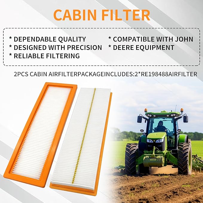 2 Pack RE198488 Cabin Air Filter Compatible with JD Tractor 5525 5320 5325 5420 5425 5525 5725 6110D 6115D 6140D 6603 Replaces PA30086 WP10160 RE73220