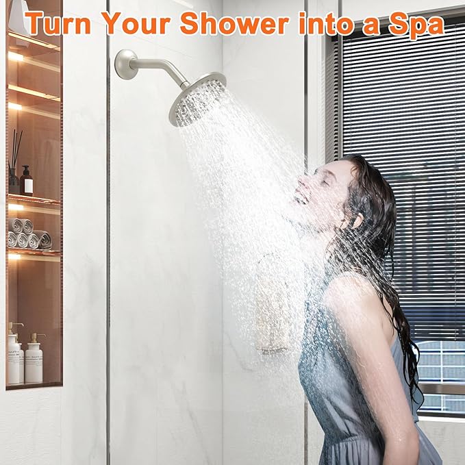 6 Inch Round Rainfall Shower Head with Stainless Steel Arm High Pressure Water Saving Anti-Clog Nozzles Easy Install for Bathroom/Bathtub (Round, Brushed Nickel)