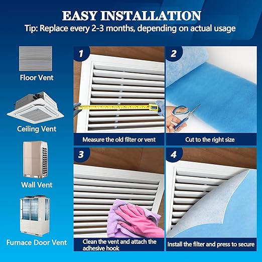 MERV 8 Air Vent Filters, 16" x 120"Cut to Fit Air Filter Material (80+ Filters),Electrostatic Triple Vent Filter for Floor, Ceiling, HVAC Furnace Vents, Includes 48 Adhesive Hook Tape