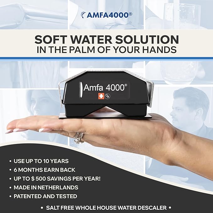 Amfa4000® Magnetic Salt-Free Whole House Water Softener System - 20000 G 5Fz, Hard Water Descaler, Compact Water Softener, Hard Water Conditioner for Whole House