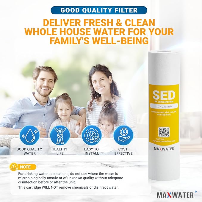 Max Water 1 Micron 10 x 2.5 Sediment Water Filter Replacement Cartridge for Whole House, Melt Blown Filtration Fiber for Heavy Duty Well Water Filter Replacement AP110, WHKF-GD05 (Pack of 50)