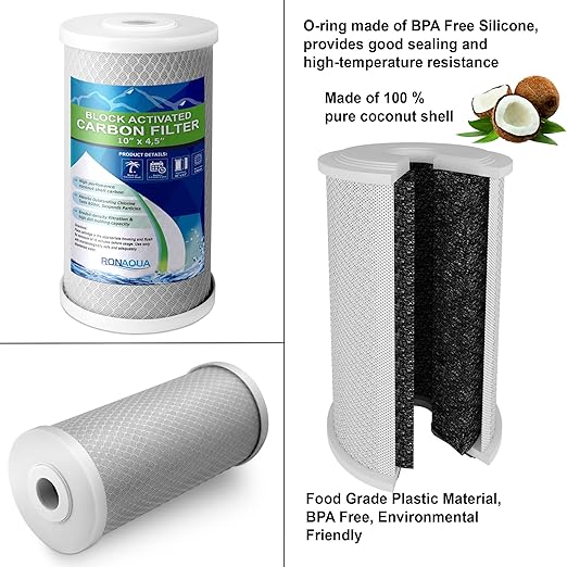 High Capacity 10 x 4.5β Transparent Whole House Water Filter Purifier System with Presser Relief Button, 1β Inlet/Outlet Brass Port & Yearly Supply (3) Coconut Shell Activated Block Carbon Cartridges