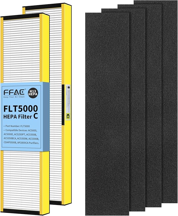FLT5000 Filter-C True HEPA Replacement Filter for Guardian AC5000E AC5000 Air Purifier Compatible with AC5250PT, AC5350B, AC5350W, AC5350BCA, AC5300B Air Cleaner, 2 Pack HEPA + 4 Pre-Filters