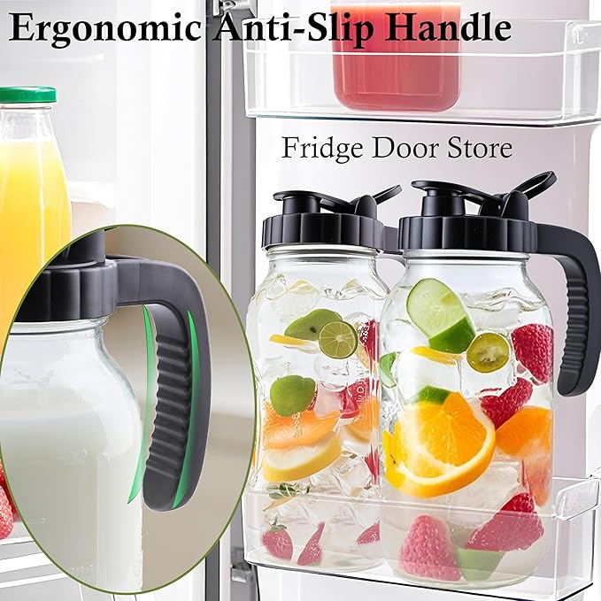 2 Quart Glass Mason Jar Pitcher With Lid 2 Set 64 Oz Wide Mouth Cold Hot Water Pitcher Half Gallon Sun Tea Coffee Jug Carafe For Fridge Lemonade, Beverage,Milk,Juice, Cold Brew Iced Tea Container