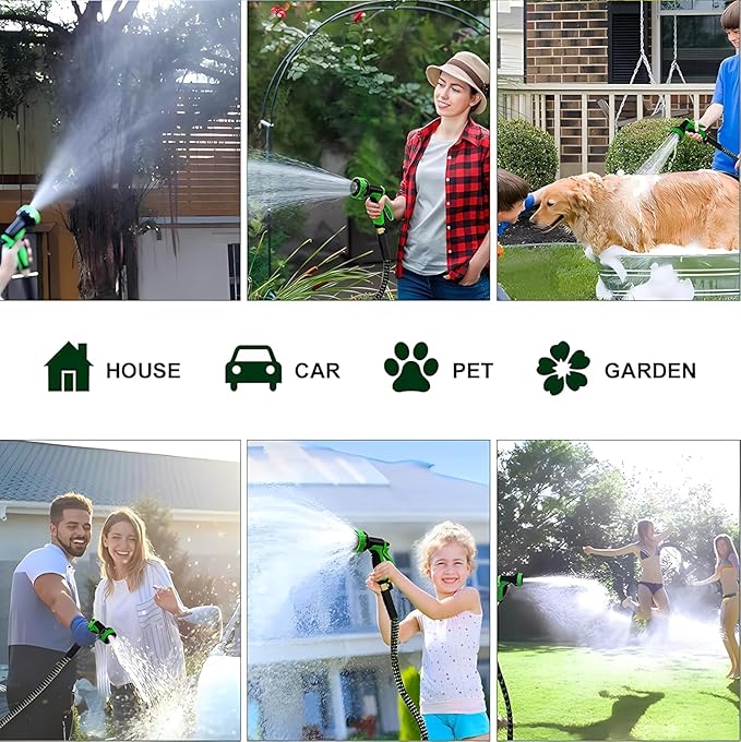 100FT Expandable Garden Hose - with 10-Function Spray Nozzle - Lightweight, Flexible, 3/4" Solid Brass Fittings-Green