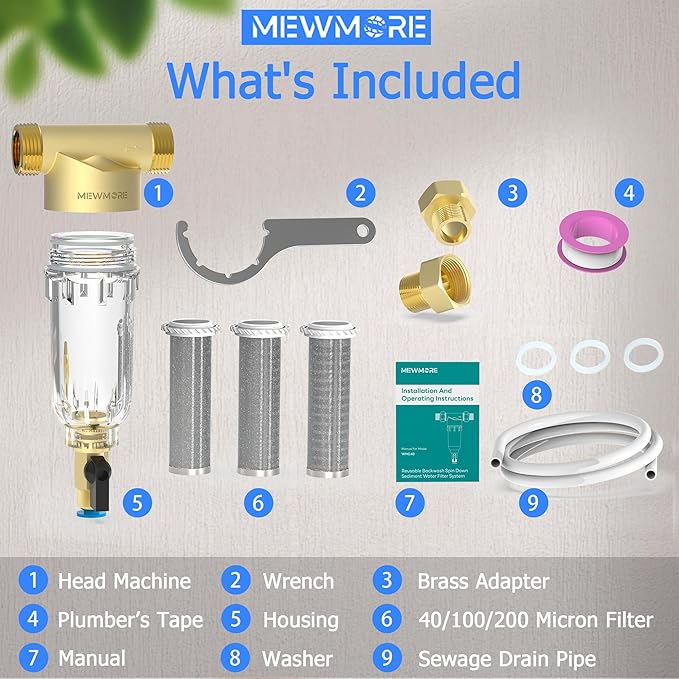 WHC40 Sediment Filter, 40 & 100 & 200 Micron Reusable Spin Down Sediment Water Filter, Whole House Water Filter for Well Water, Home Pre-filtration System, 1" MNPT + 3/4" FNPT + 3/4"MNPT