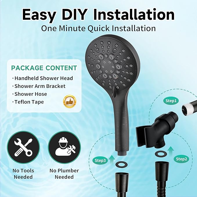 BRIGHT SHOWERS High Pressure Shower Head with Handheld, 9 Spray Settings Showerhead Built in Power Wash to Clean Tub and Pets, Extra Long 69" Hose, Adjustable Bracket, Oil-Rubbed Bronze
