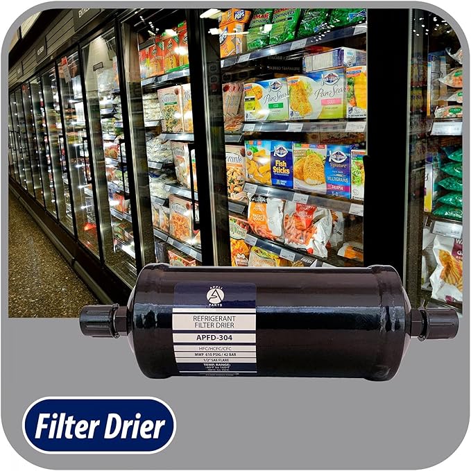 Appli Parts APFD-304 1/2 in Liquid Line Refrigerant AC Filter Drier hvac Refrigeration 304 SAE Flare connection universal unidirectional 10-1/2 in long 3-1/4 in wide