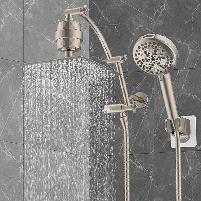 Hibbent All Metal 10'' Dual Filtered Rainfall Shower Head Combo, High Pressure Handheld Shower Head with 16'' Adjustable Extension Arm, 20 Stage Shower Filter, 10-spray, 71'' Hose, Brushed Nickel