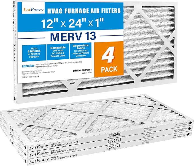 LotFancy 12x24x1 Air Filter MERV 13 Pet Smoke Smog Allergens Defense (4-Pack) Pleated HVAC Furnace Air Filters, Replacement for Home AC & Heating Systems, Actual Size: 11.75" x 23.75" x 0.75"