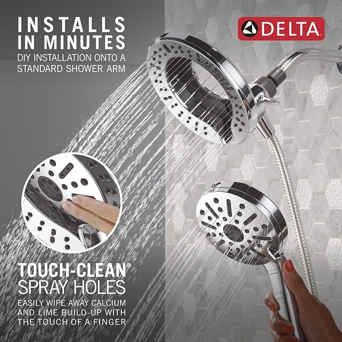 Delta 6-Setting In2ition 2-in-1 Dual Shower Head with Handheld High Pressure ProClean Spray, Chrome Detachable Shower Head with Hose, 1.75 GPM Flow Rate, Chrome 75655