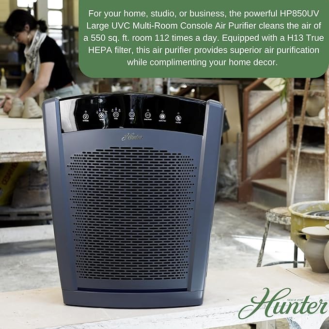 Hunter HP850 Air Purifiers for Home Large Room and Bedroom. True HEPA Air Purifier for Pets, Odors, Allergens, Smoke, Dust. UV Value Bundle w/Extra Filter, Cleans 2585 Ft² per hour. White