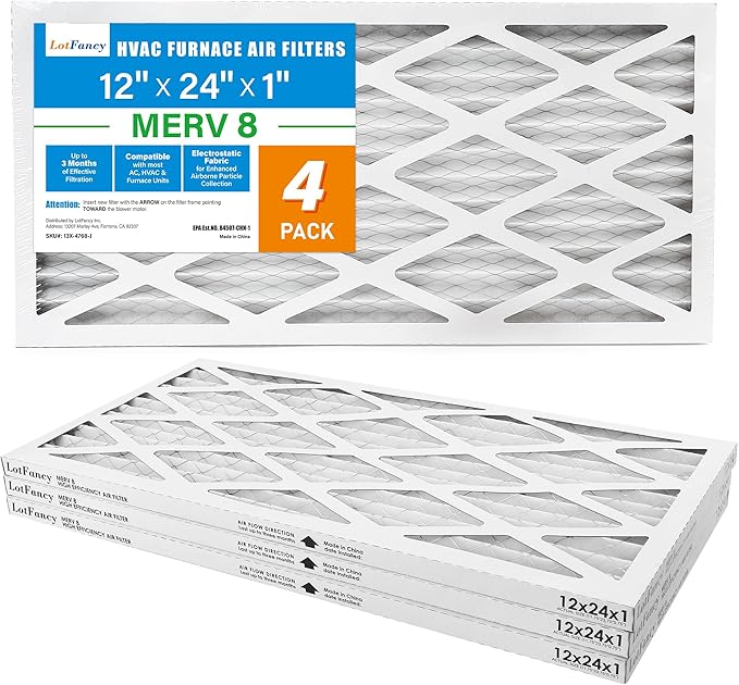 LotFancy 12x24x1 Air Filter MERV 8 Dust Defense (4-Pack) Pleated HVAC Furnace Air Filters, Replacement for Home AC & Heating Systems, Actual Size: 11.75" x 23.75" x 0.75